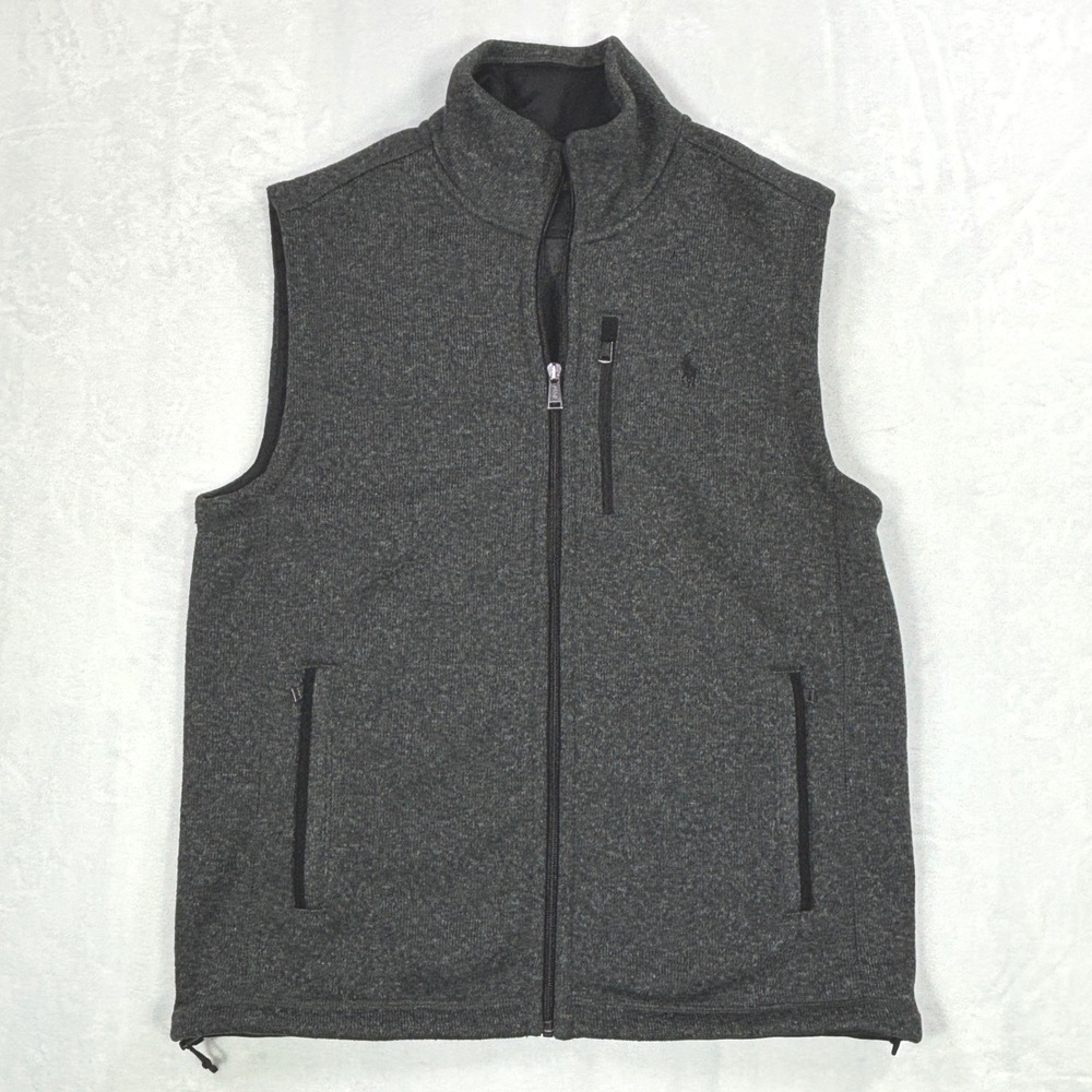 Polo Ralph Lauren Mens Medium Charcoal Grey Fleece Lined Full Zip Sweater Vest